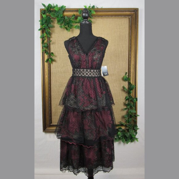 Taylor (Black Label) Embroidered Floral and Lace Tiered Mesh Dress